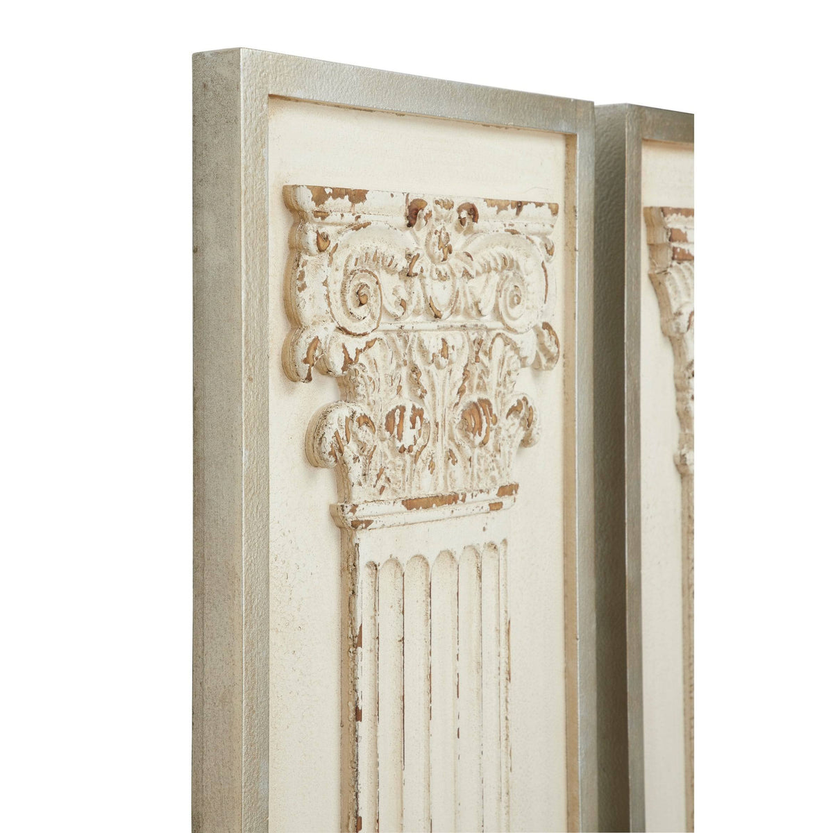 Large Rectangular Distressed Antique White Wood Wall Decor with Carved Greek Columns, Set of 2 Y664536