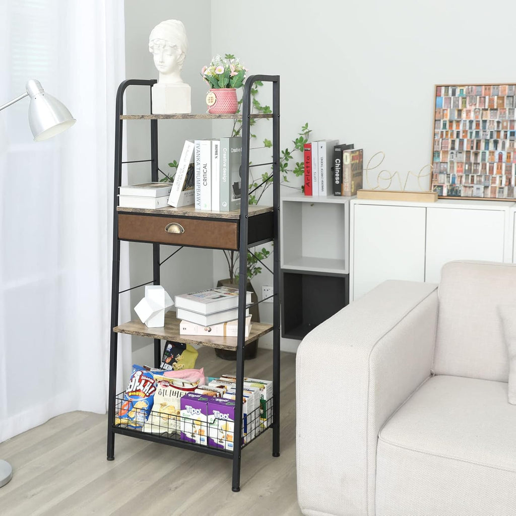 4 Tier Ladder Shelf with Drawer, Iron Frame Bookshelf B8273