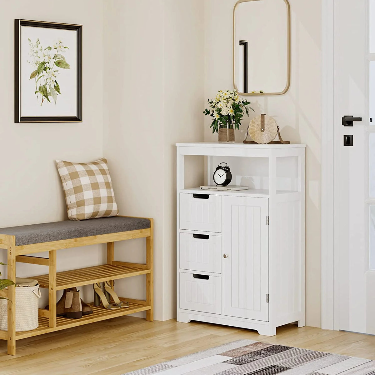 White Free Standing Bathroom Floor Cabinet with 3 Drawers and 1 Door Y620298
