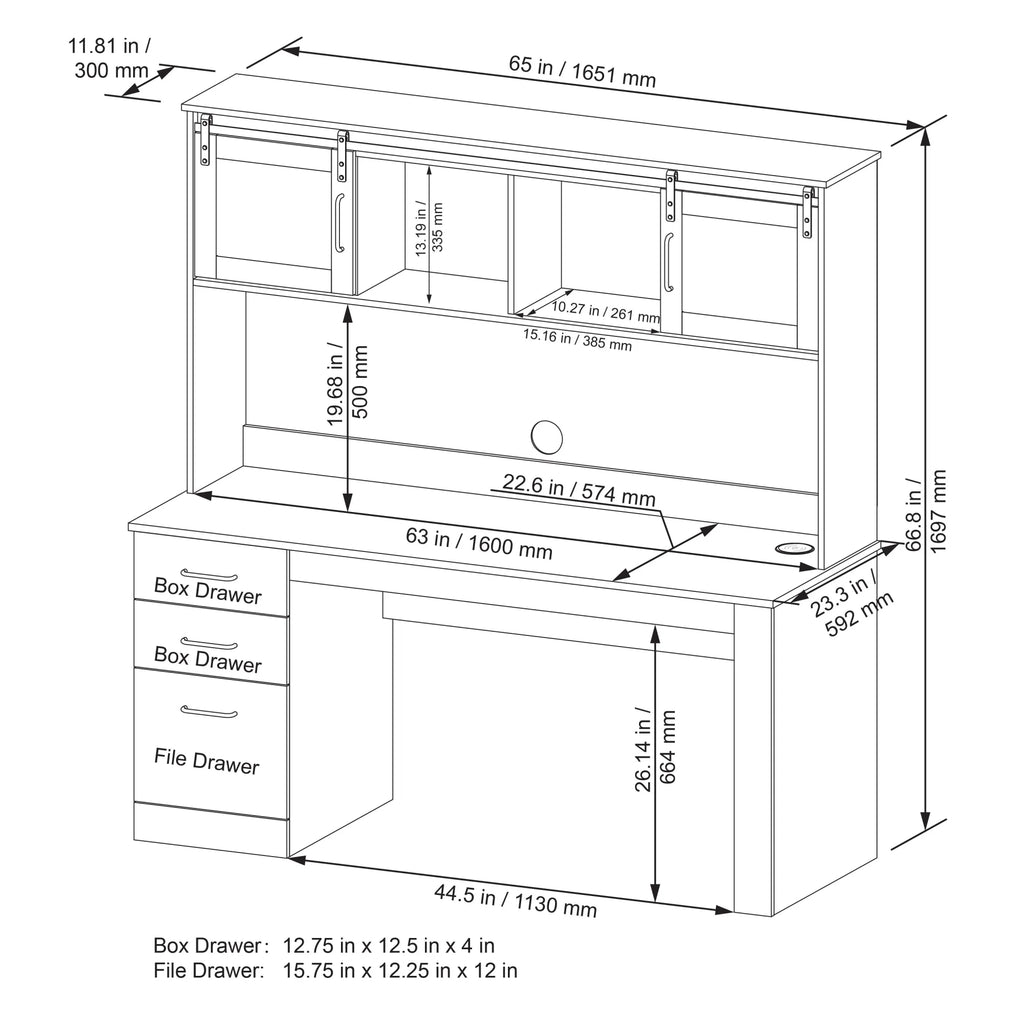 65"W Computer Desk With Hutch And Wireless Charging, Smoky Brown B802