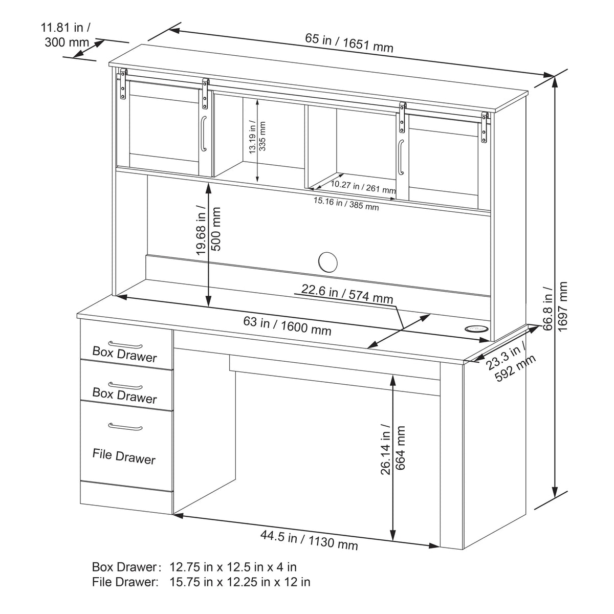 65"W Computer Desk With Hutch And Wireless Charging, Smoky Brown B802