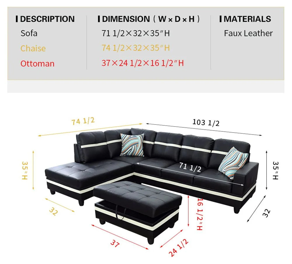 Black & White Faux Leather Sectional with Ottoman F30777
