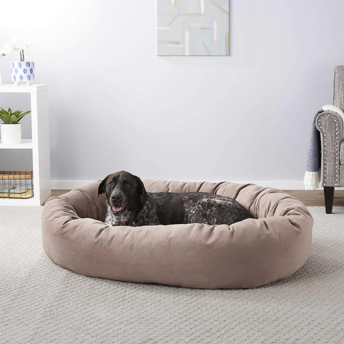 Velvet Round Bolster Dog Bed with Removable Cover Q95887