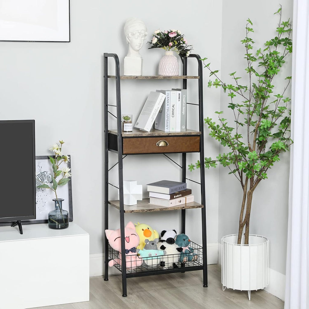 4 Tier Ladder Shelf with Drawer, Iron Frame Bookshelf B8273
