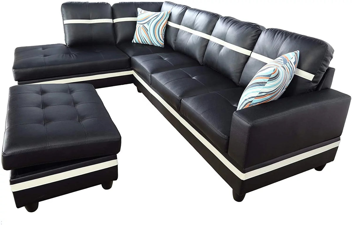 Black & White Faux Leather Sectional with Ottoman F30777