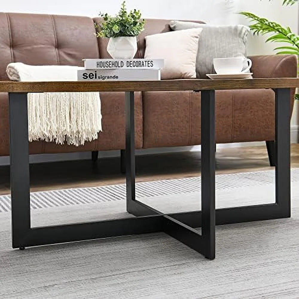 Solid Wood Oval Coffee Table with Cross Metal Legs V11114