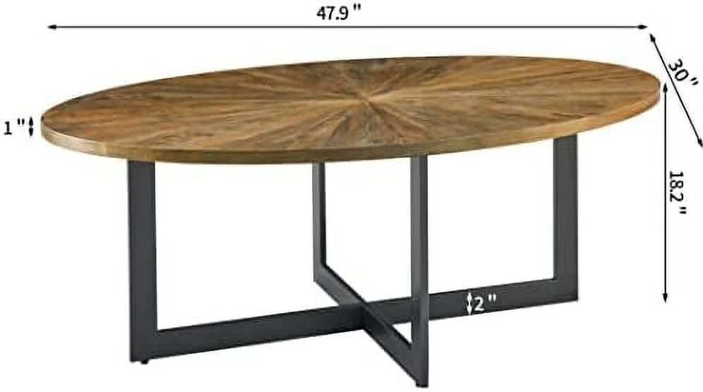 Solid Wood Oval Coffee Table with Cross Metal Legs V11114