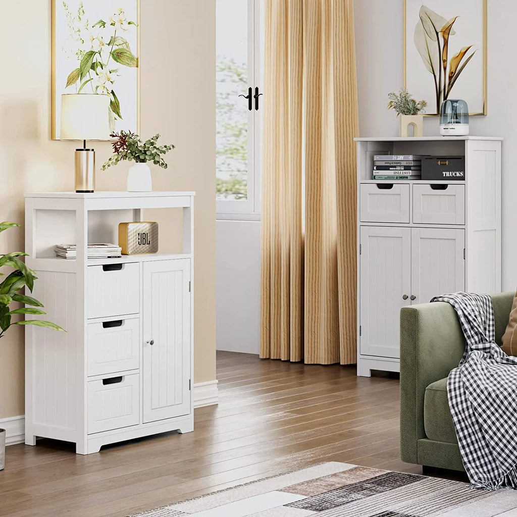 White Free Standing Bathroom Floor Cabinet with 3 Drawers and 1 Door Y620298