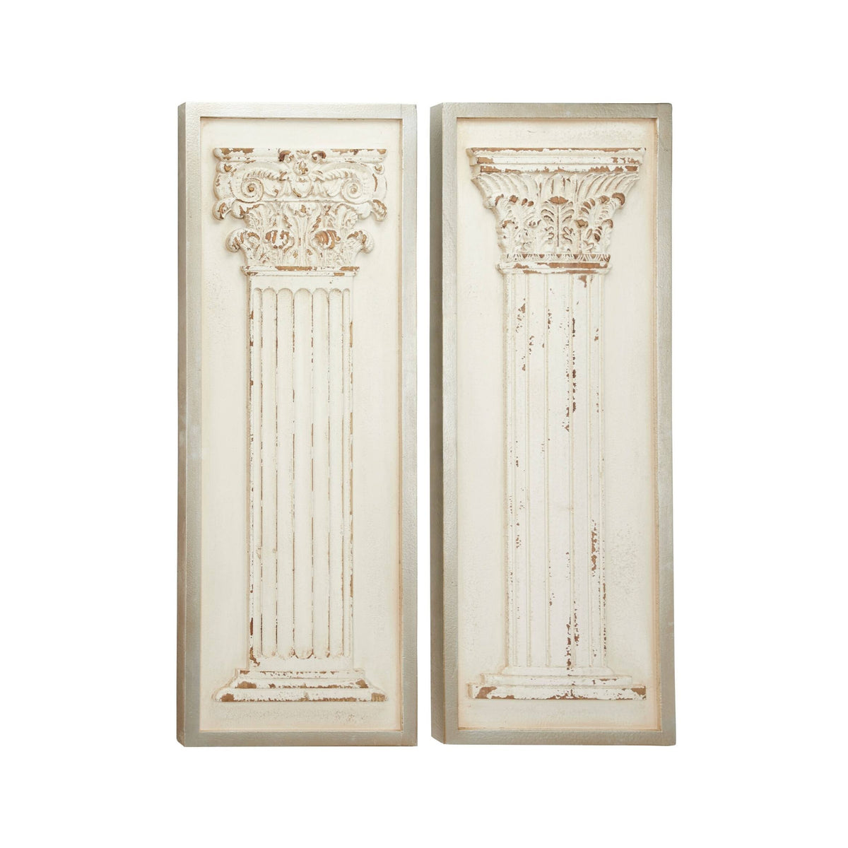Large Rectangular Distressed Antique White Wood Wall Decor with Carved Greek Columns, Set of 2 Y664536
