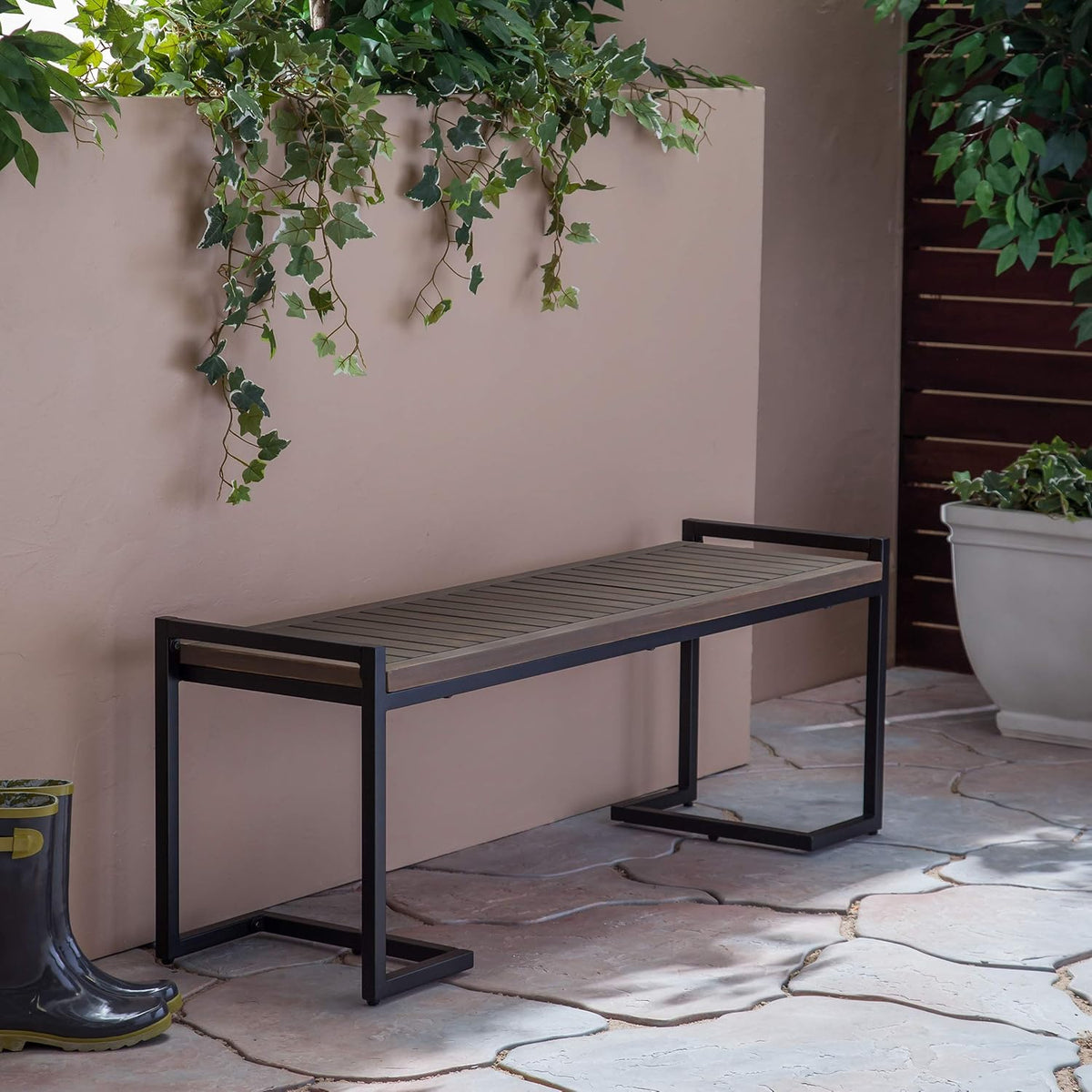 Gray Acacia Wood and Iron Bench J4080