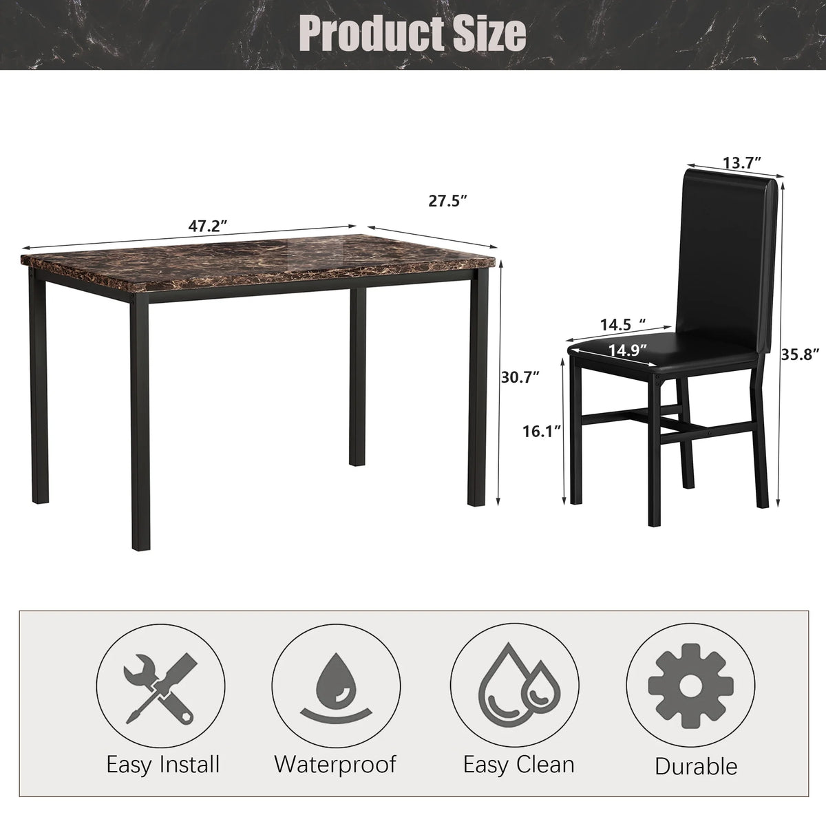 5 Piece Faux Marble Rectangular Dining Table Set with 4 Upholstered Metal Chairs R750408