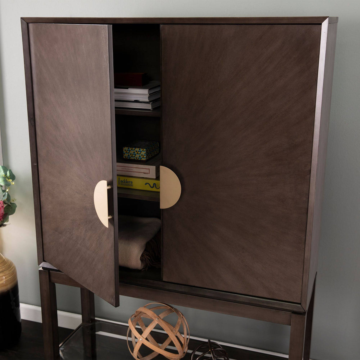 Brown and Beige 2-Door Storage Bar Cabinet D3866