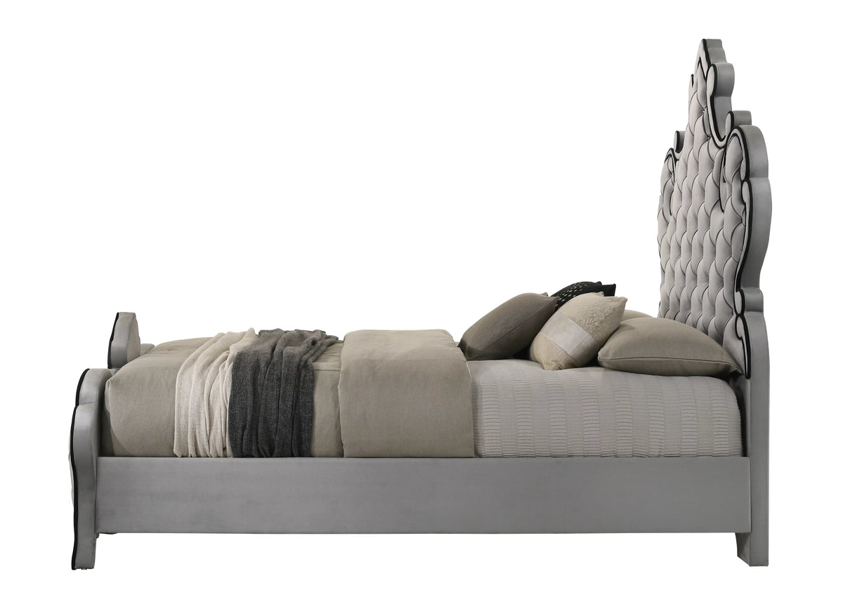 Gray Tufted Velvet Upholstered Queen Panel Bed X9486