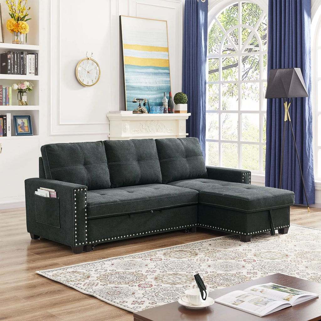 Black Queen Size Sleeper Sofa Bed with Storage Chaise O107647