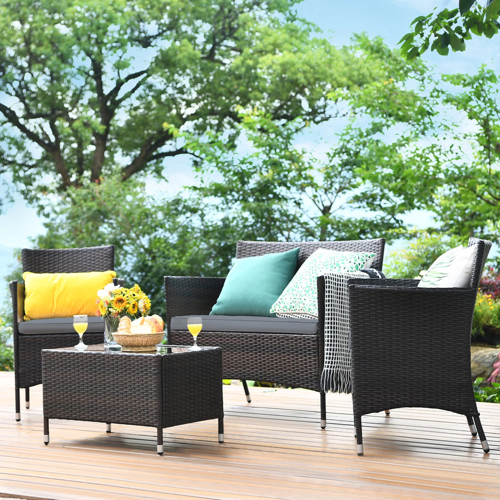 4 Pc Patio Rattan Conversation Furniture Set with Gray Cushion G8496