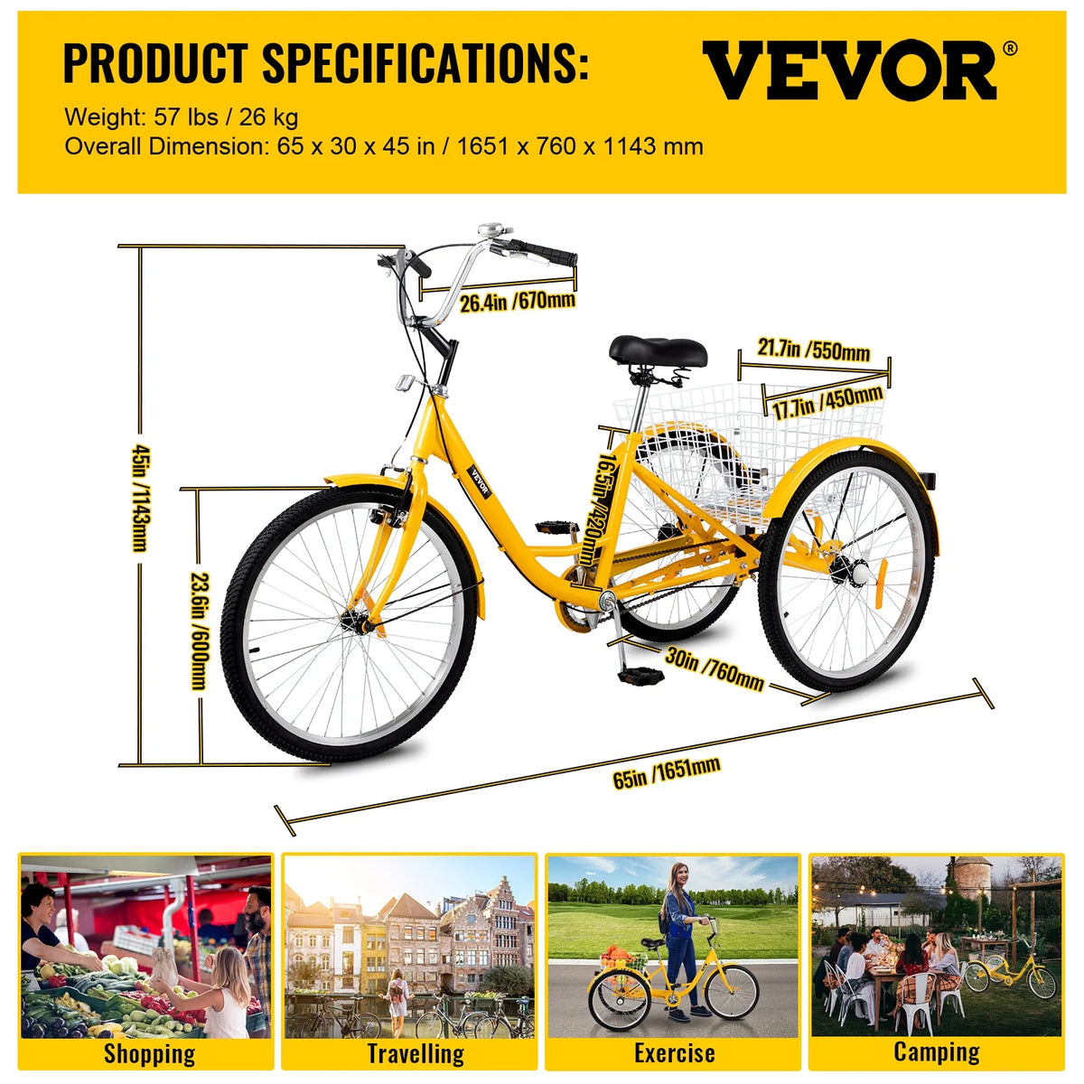 24 inch 1-Speed Yellow Adult Tricycle with Cargo Basket K385224