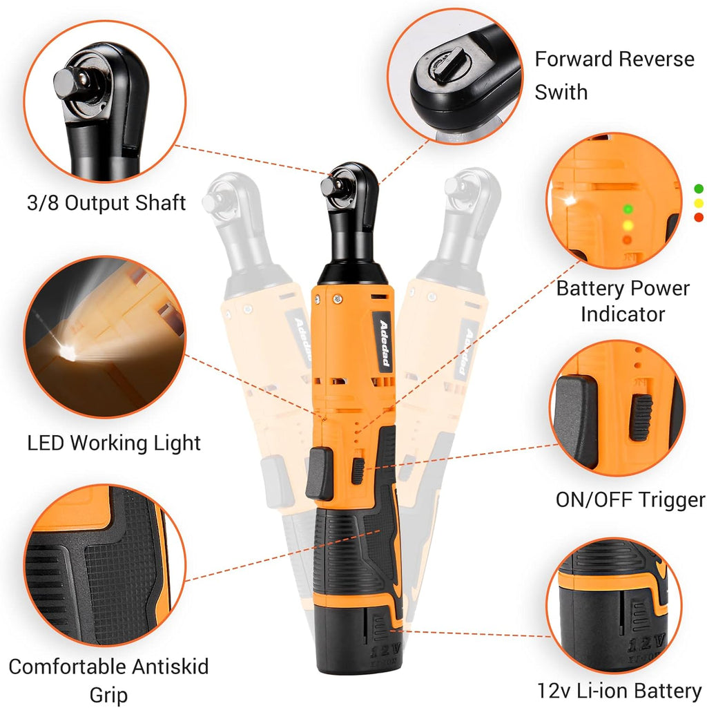 12V Cordless Brushless Ratchet Wrench & Drill, 3/8" 40Ft-lbs Torque 400 RPM, 21+1 Metal Drill, 2 Batteries Power Tool Set F11784