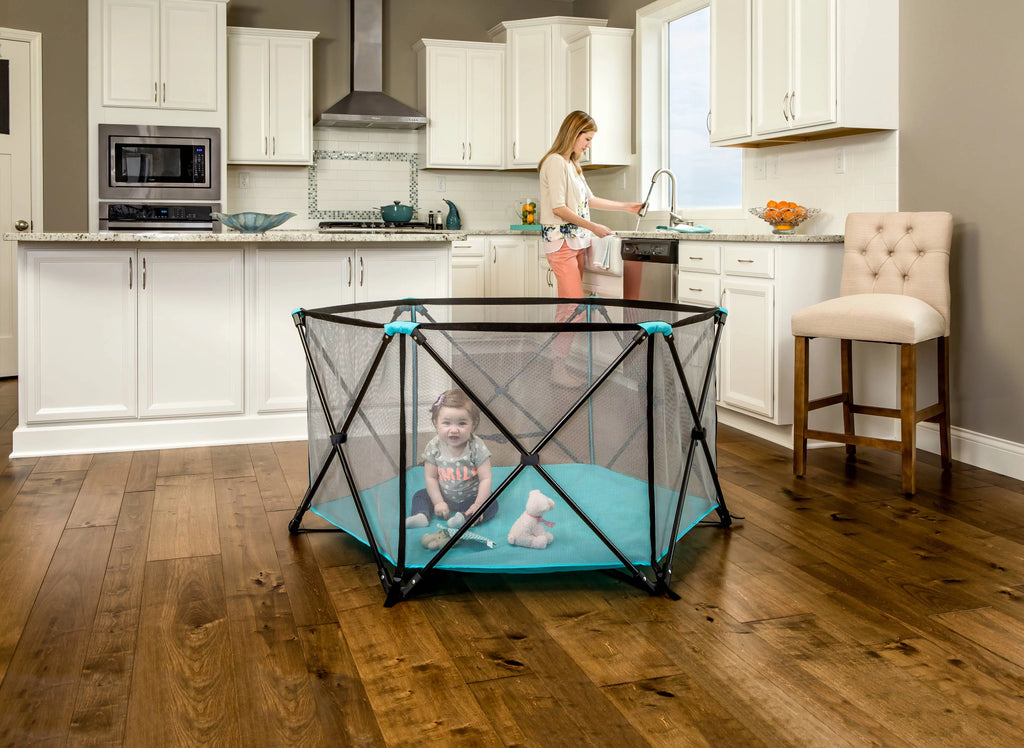 Portable Play Yard, Washable, Aqua, 6-Panel L150679