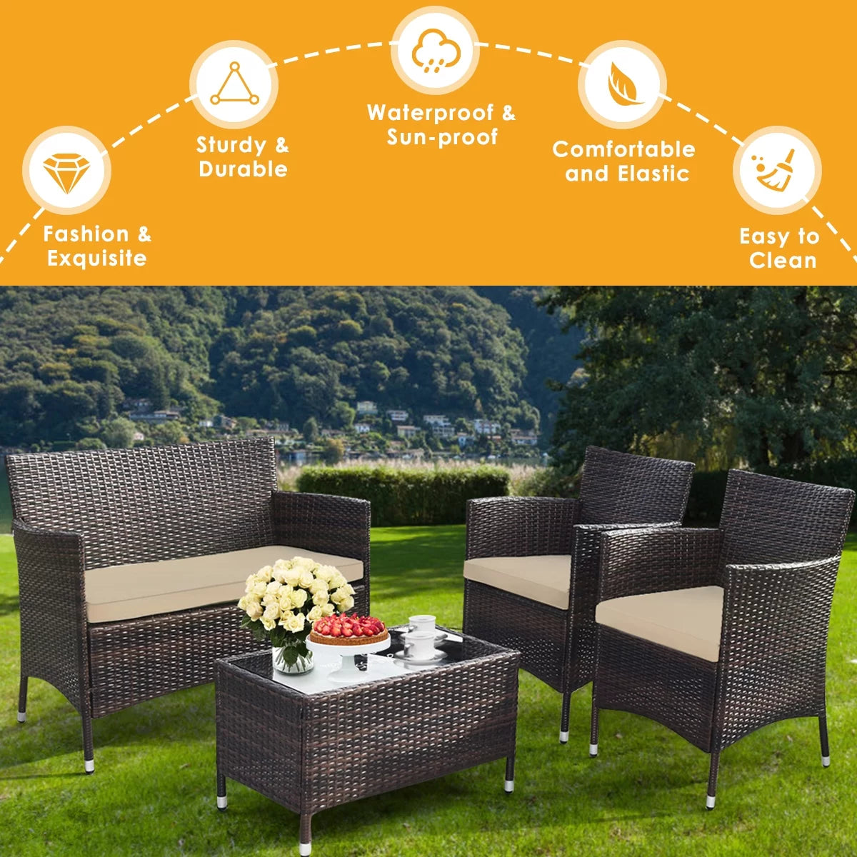 4 Pc Patio Rattan Conversation Furniture Set with Gray Cushion G8496