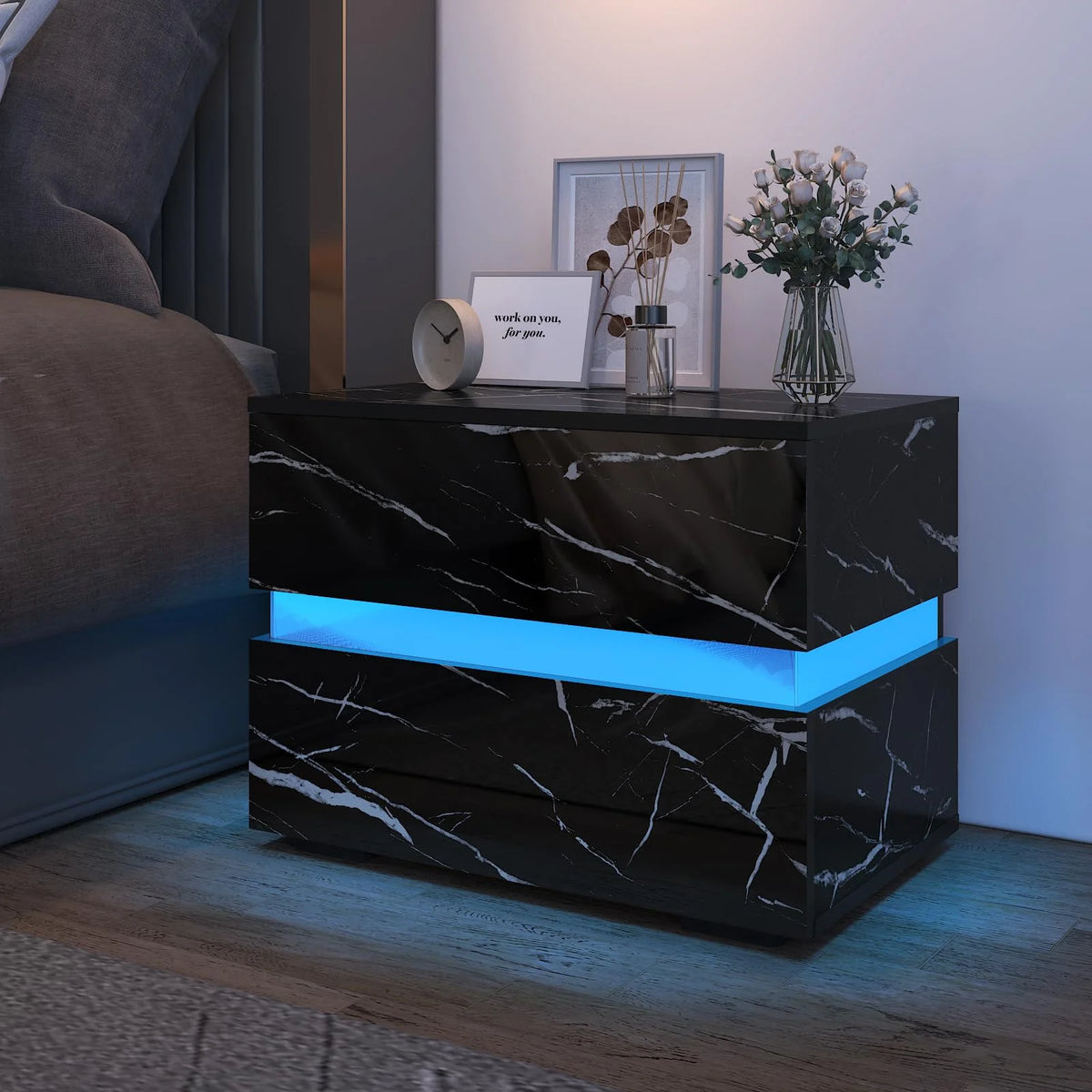 Black High Gloss LED Nightstand Set of 2 with 2 Drawers A275
