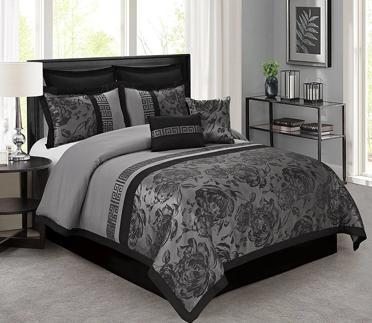 8 Piece Jacquard Fabric Patchwork Comforter Set Queen Size Gray U708