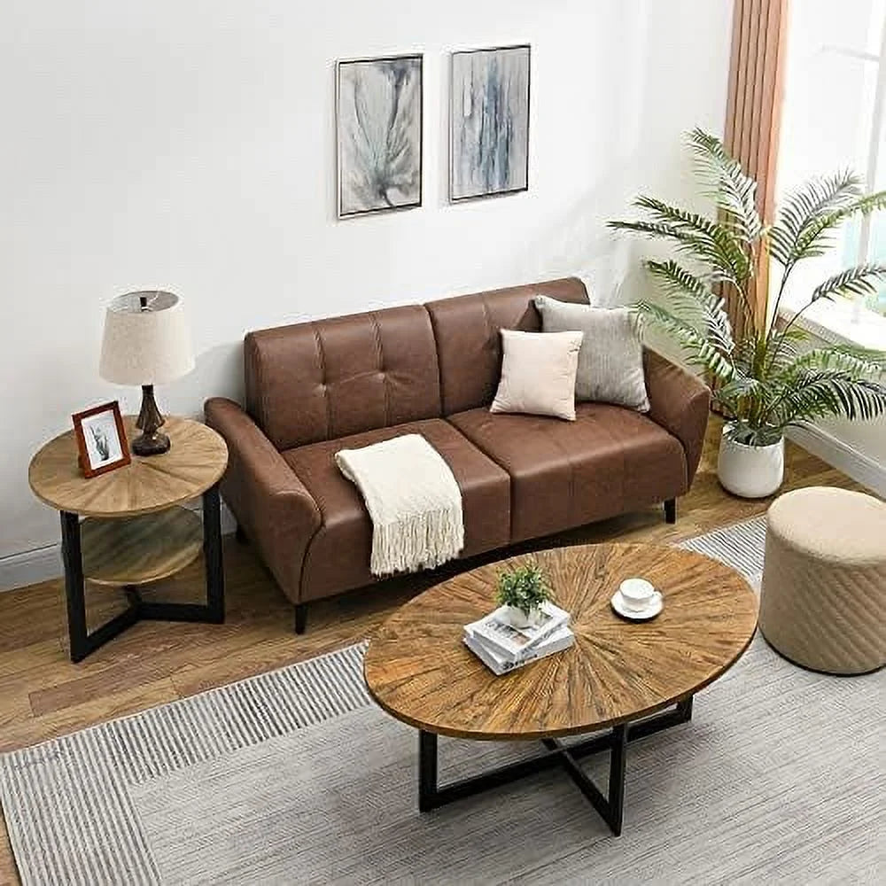 Solid Wood Oval Coffee Table with Cross Metal Legs V11114