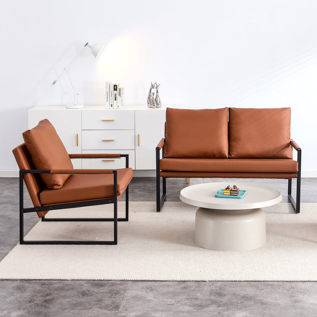 Brown PU Leather Two-Seater Sofa Chair with 2 Pillows Z846022