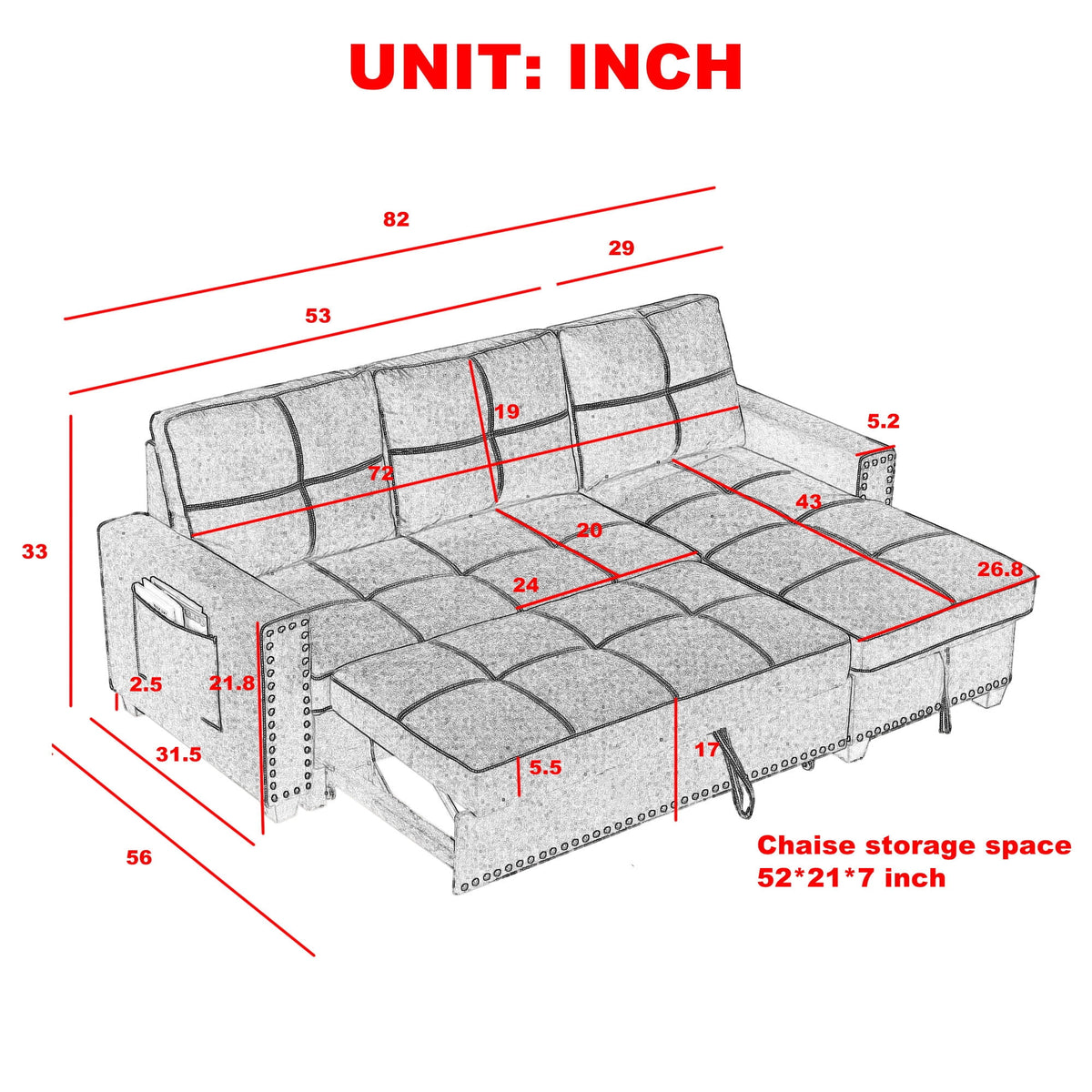 Black Queen Size Sleeper Sofa Bed with Storage Chaise O107647