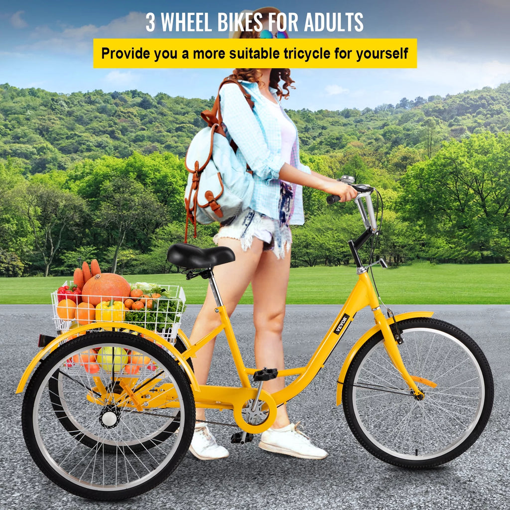 24 inch 1-Speed Yellow Adult Tricycle with Cargo Basket K385224