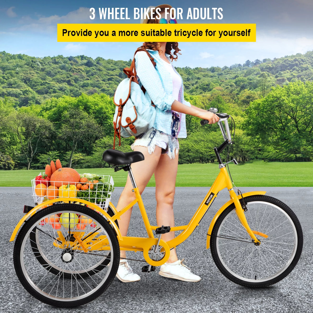 24 inch 1-Speed Yellow Adult Tricycle with Cargo Basket K385224