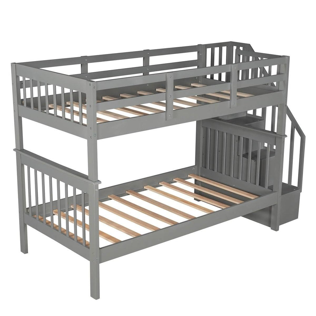 Twin-Over-Twin Bunk Bed with Stairway, Storage and Guard Rail - Grey D897
