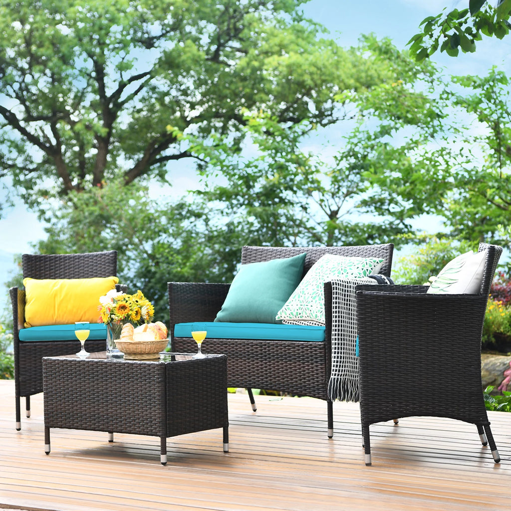 4 Pc Patio Rattan Conversation Furniture Set with Gray Cushion G8496