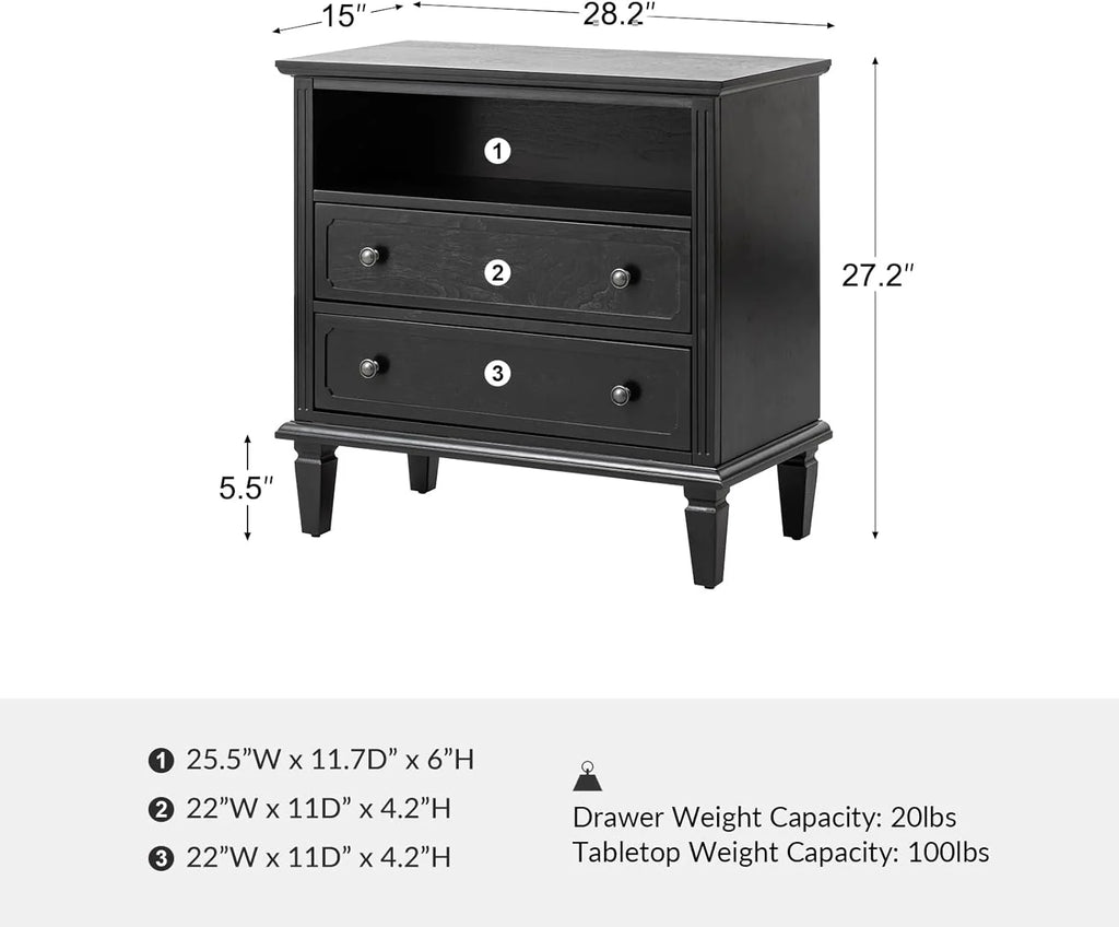 Black Nightstand with USB Ports and Outlets, 2 Drawers R6936