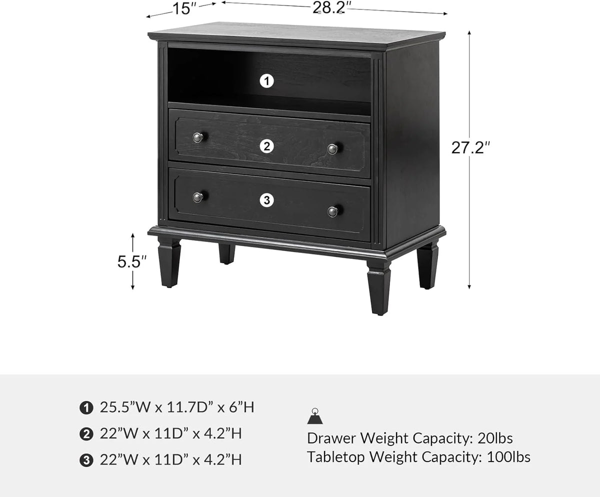 Black Nightstand with USB Ports and Outlets, 2 Drawers R6936