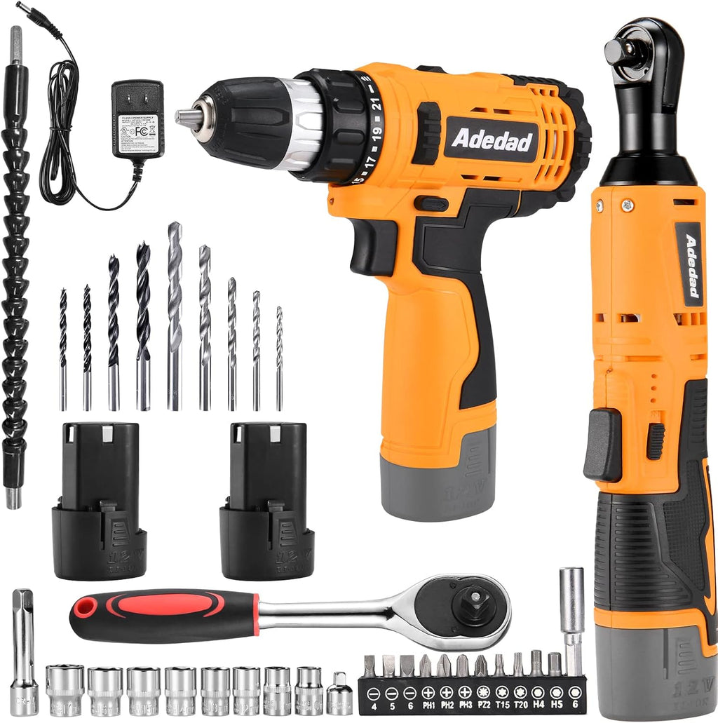 12V Cordless Brushless Ratchet Wrench & Drill, 3/8" 40Ft-lbs Torque 400 RPM, 21+1 Metal Drill, 2 Batteries Power Tool Set F11784