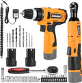 12V Cordless Brushless Ratchet Wrench & Drill, 3/8" 40Ft-lbs Torque 400 RPM, 21+1 Metal Drill, 2 Batteries Power Tool Set F11784