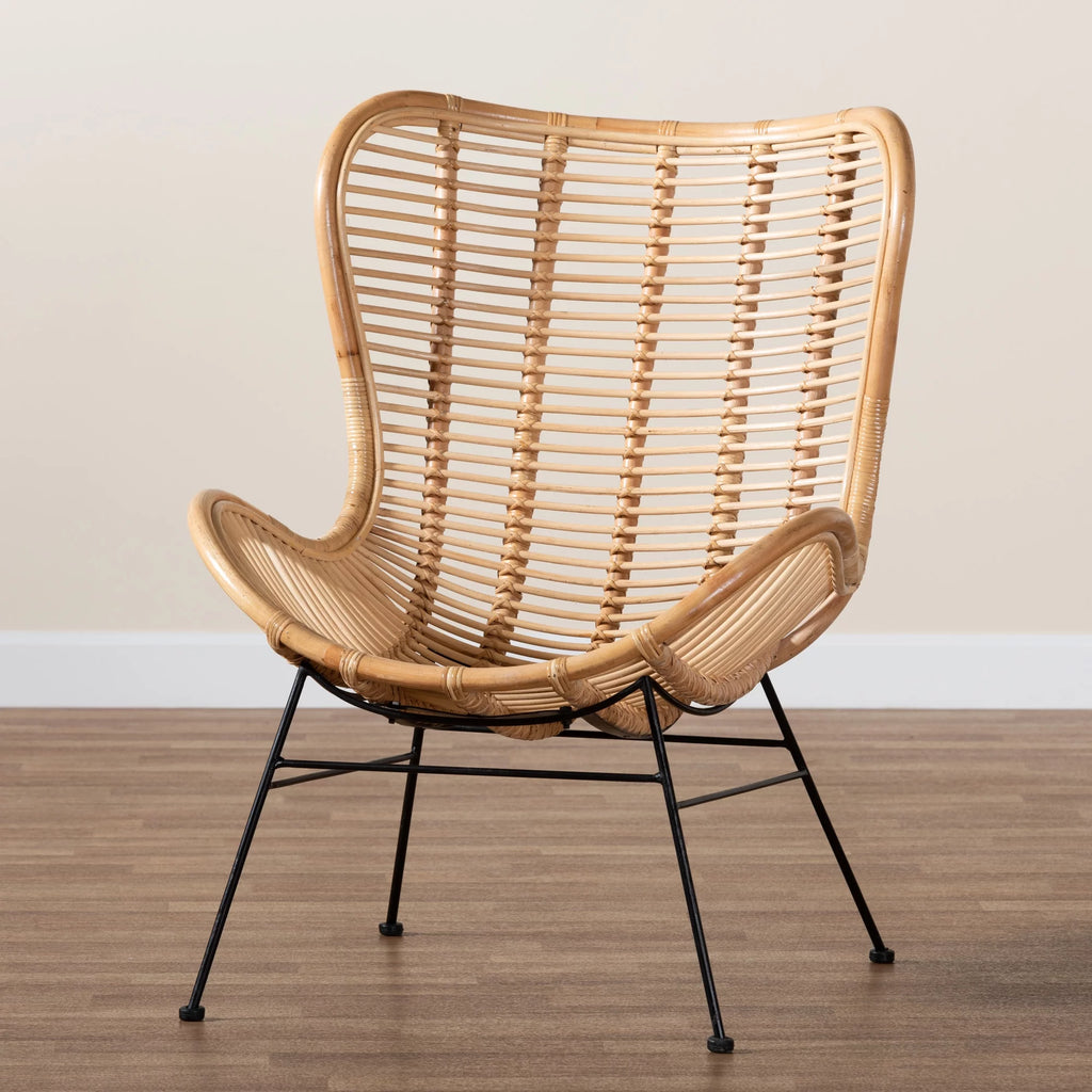 Natural Brown Rattan and Black Metal Accent Chair G649