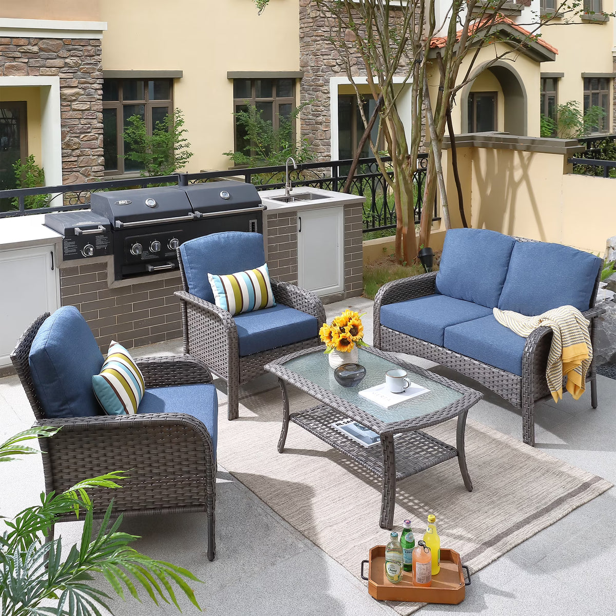 4 Pieces Outdoor Wicker Sectional Couch with Cushions G8405