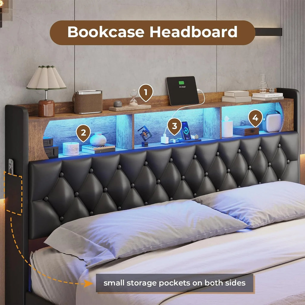 Queen Size Upholstered Platform Bed with LED Light Charging Station Storage Headboard Linen Fabric Dark Grey X45303
