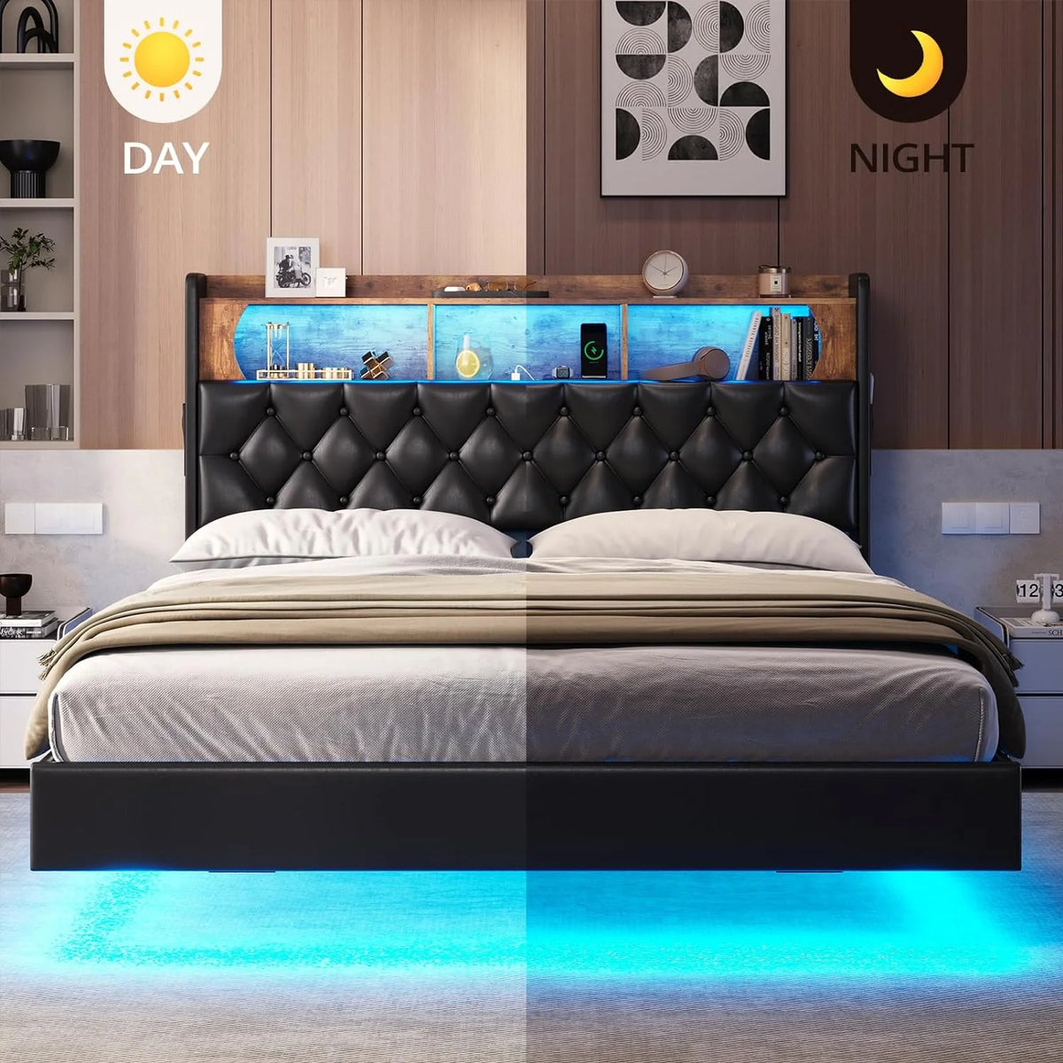 Queen Size Upholstered Platform Bed with LED Light Charging Station Storage Headboard Linen Fabric Dark Grey X45303