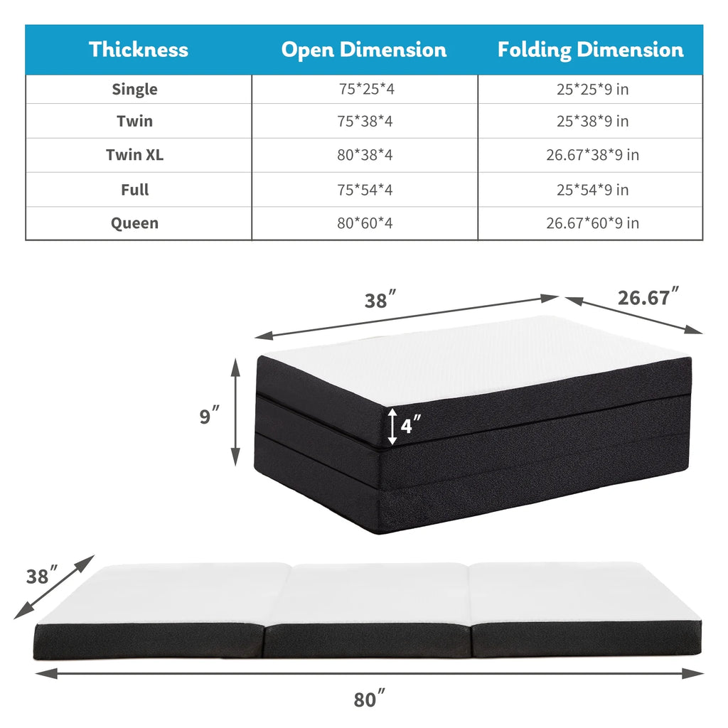 4 Inch Tri Folding Memory Foam Mattress Queen D943