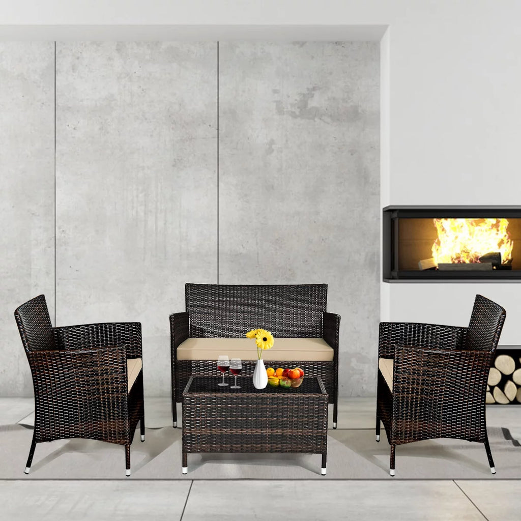 4 Pc Patio Rattan Conversation Furniture Set with Gray Cushion G8496