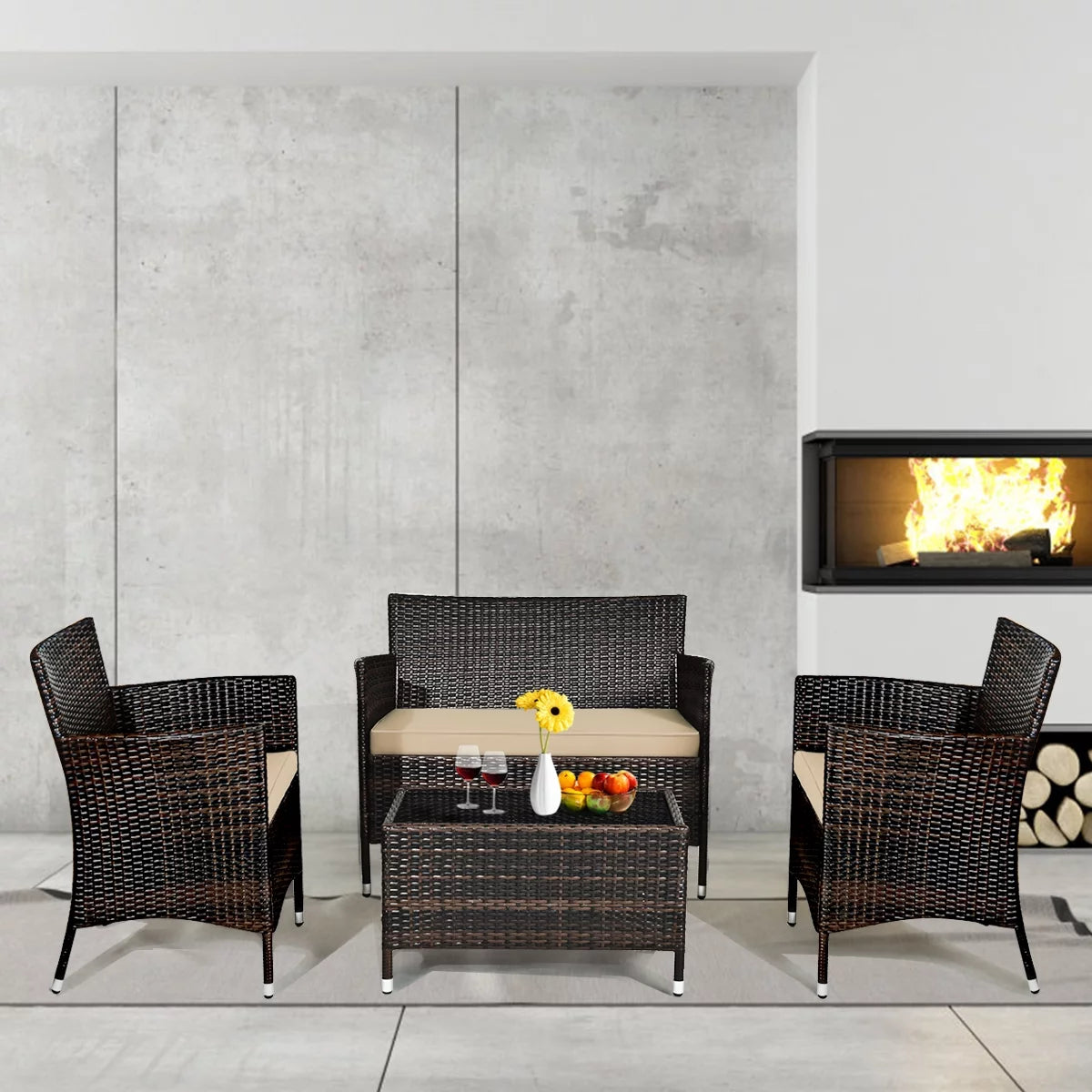 4 Pc Patio Rattan Conversation Furniture Set with Gray Cushion G8496