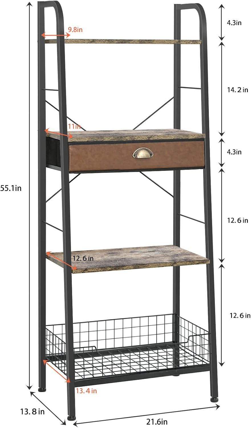 4 Tier Ladder Shelf with Drawer, Iron Frame Bookshelf B8273