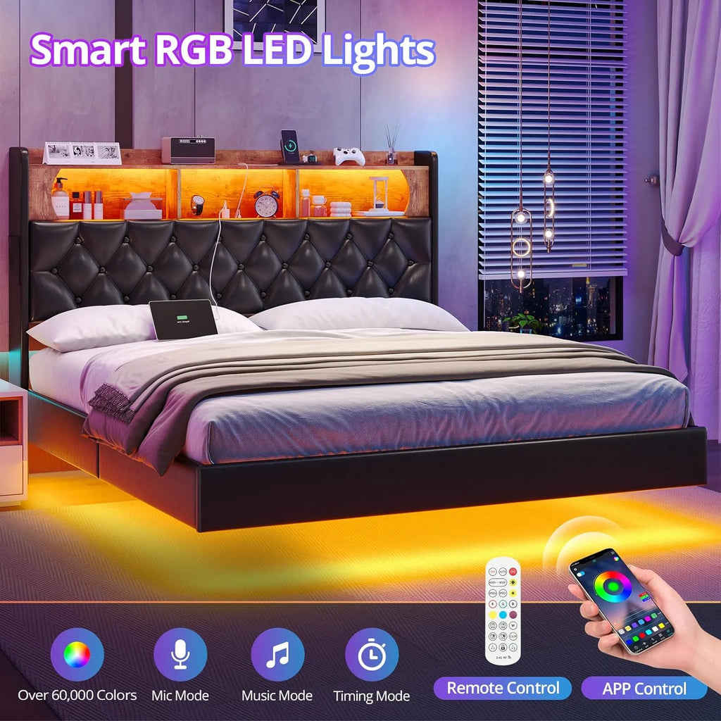 Queen Size Upholstered Platform Bed with LED Light Charging Station Storage Headboard Linen Fabric Dark Grey X45303