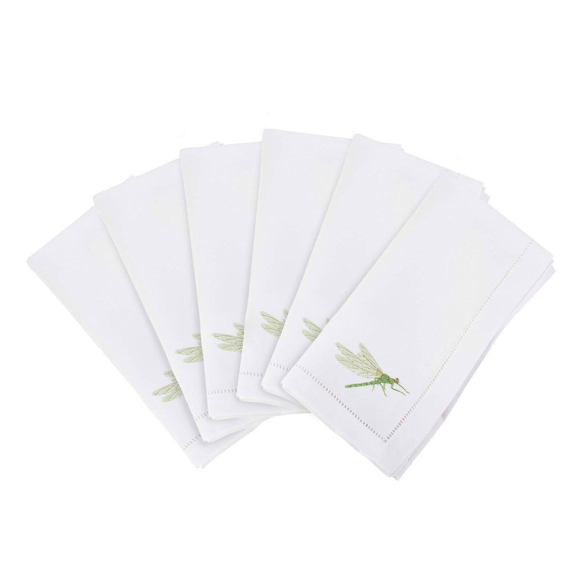 White Set of 6 Cotton Napkins with Dragonfly & Hemstitch Design B59650