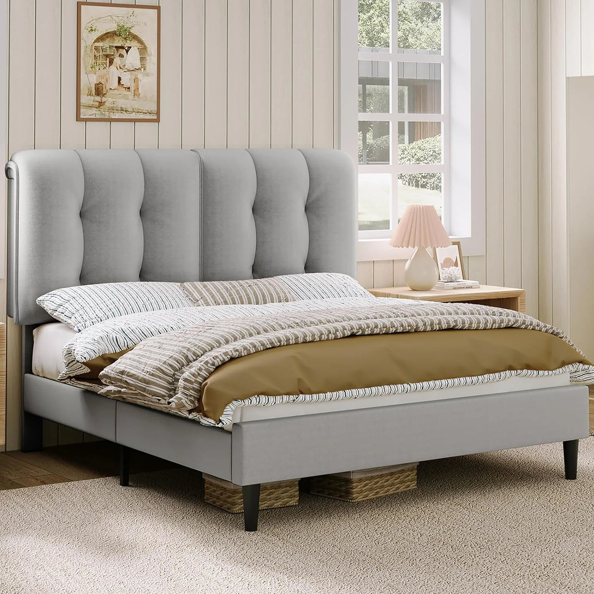 Queen Velvet Upholstered Platform Bed with Adjustable Headboard R591770