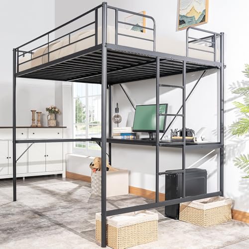 White Twin Loft Bed with Desk and Storage H79698