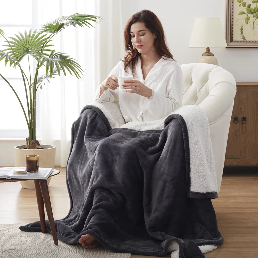 50x60" Electric Blanket Throw, 6 Heating Levels, Flannel to Sherpa Reversible, Grey P60862
