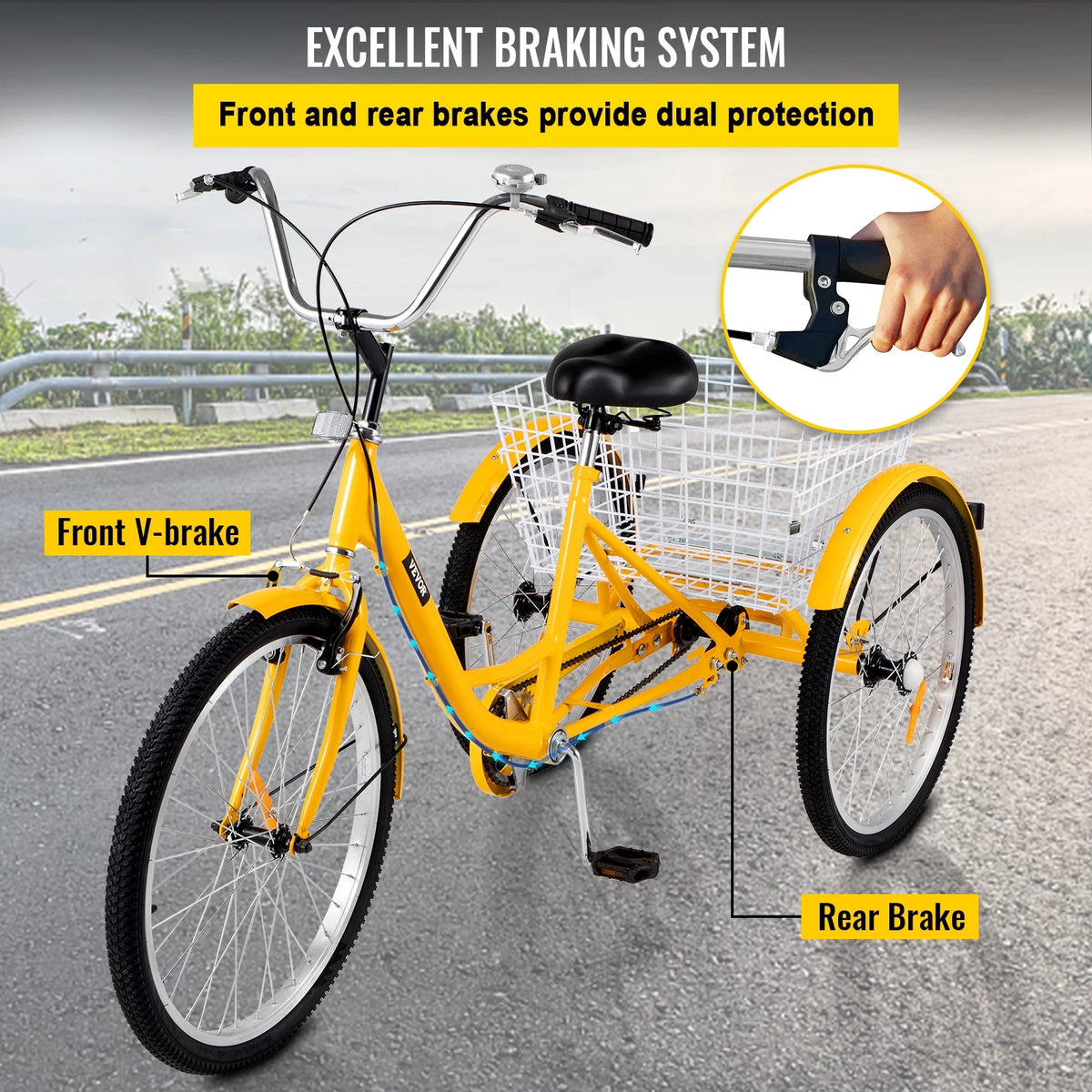 24 inch 1-Speed Yellow Adult Tricycle with Cargo Basket K385224